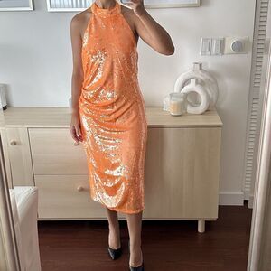 Caroline Constas Dress Womens Medium Sequin Embellished Halter Open Back Midi